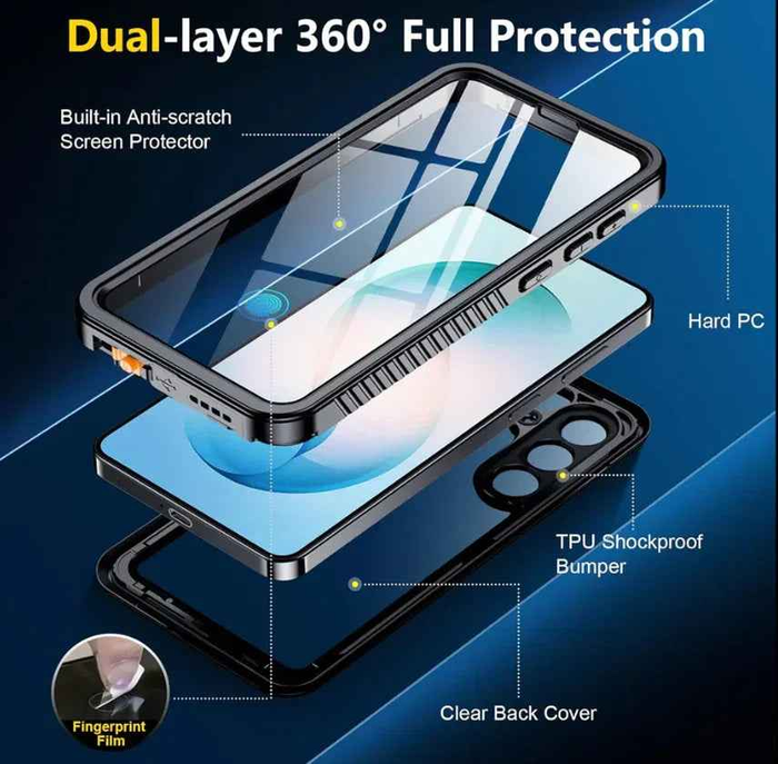 Clear waterproof and shockproof case for Samsung Galaxy S26 Plus by TechPlus, showing the protective cover with precise cutouts.