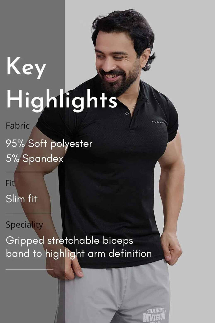 Black Wave Polo T-shirt by Fuaark NZ featuring a sleek design and comfortable fit, shown on a plain background.