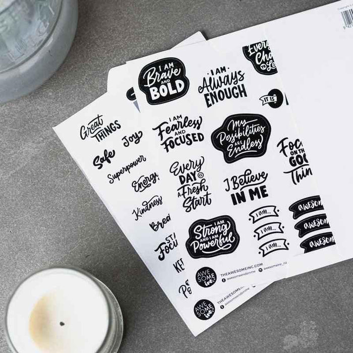 Set of decorative wellbeing stickers from Awesome Inc NZ featuring positive vibes and mindfulness-themed designs.