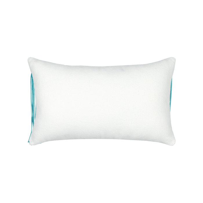 Back image of White pillow with cut out heart in red and gray and aruba tassels in western theme.