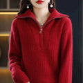 Women's red Merino Wool turtleneck sweater with zipper front, loose fit, designed for winter warmth by Mead's Supply & Equipment Outfitters.