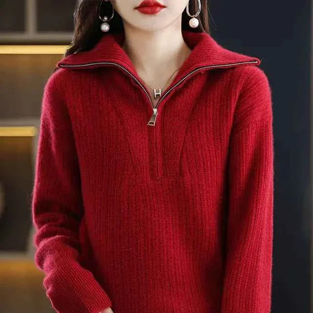 Women's red Merino Wool turtleneck sweater with zipper front, loose fit, designed for winter warmth by Mead's Supply & Equipment Outfitters.