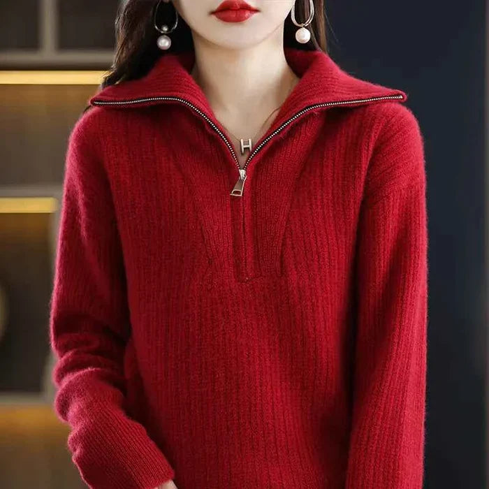 Women's red Merino wool turtleneck sweater with zipper front, loose fit, ideal for winter warmth, by Mead's Supply & Equipment Outfitters.