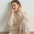 Beige women's 100% Merino Wool turtleneck sweater with slim fit and high neck, perfect for autumn winter layering.