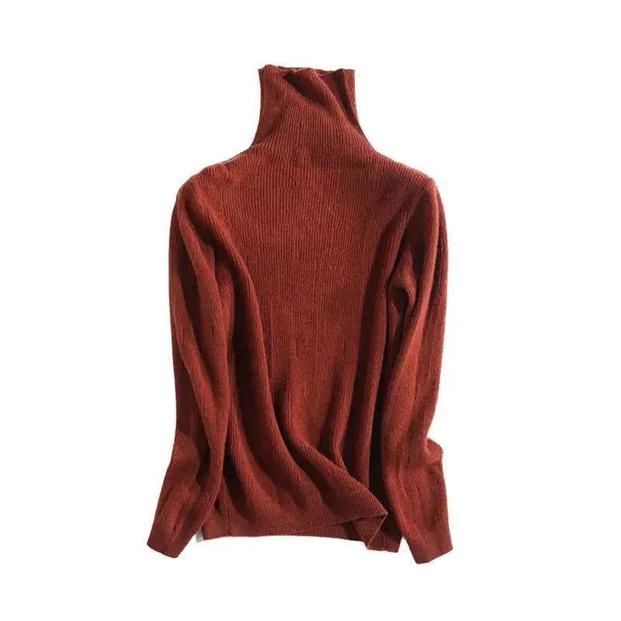 Beige women's 100% Merino Wool turtleneck sweater by Mead's Supply & Equipment Outfitters, slim fit, high neck for autumn winter layering.