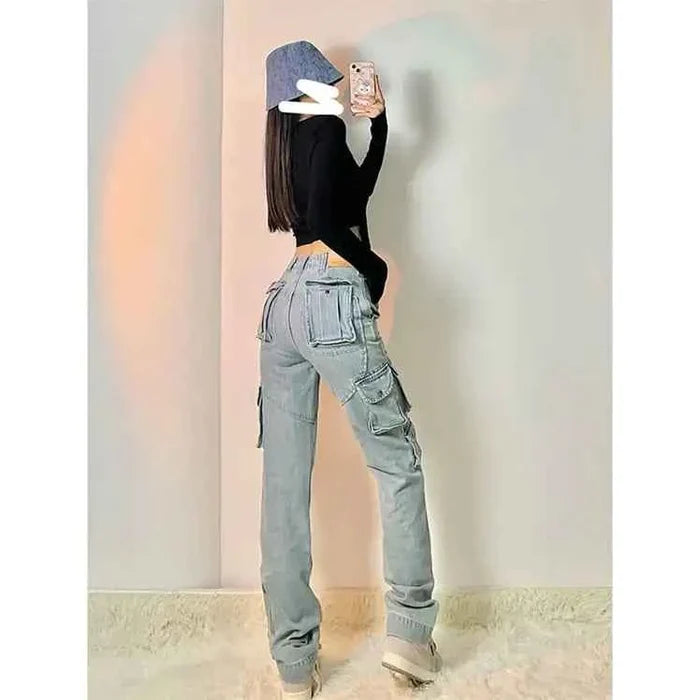 Women's blue high street cargo jeans with multiple pockets from Mead's Supply & Equipment Outfitters, styled for casual wear.
