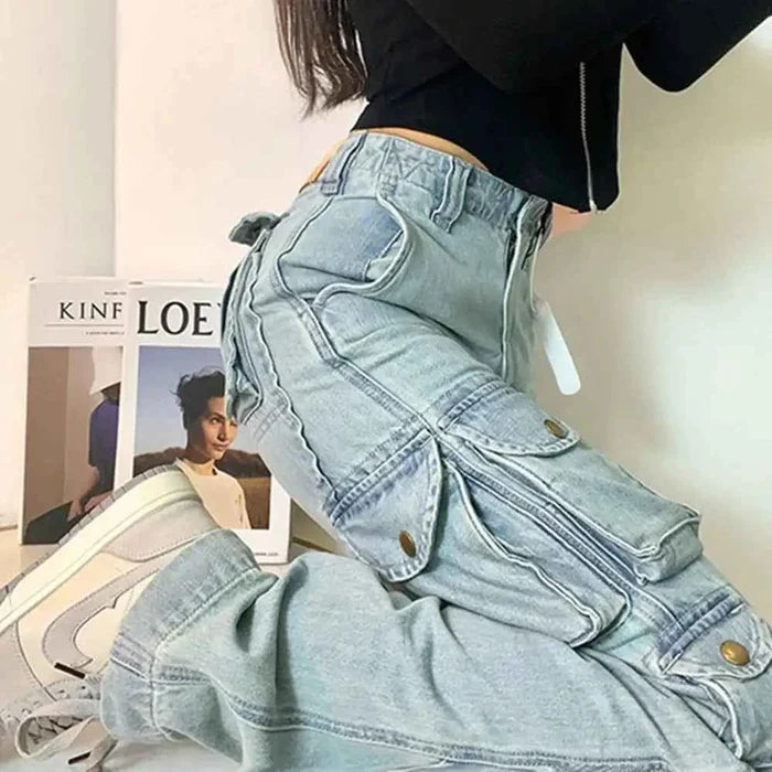 Women's blue High Street Multi-Pocket Cargo Jeans by Mead's Supply & Equipment Outfitters, featuring multiple pockets and a relaxed fit.