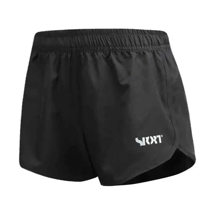 Black women's high-waist quick-dry athletic shorts by Mead's Supply & Equipment Outfitters, loose fit for running, fitness, and yoga.