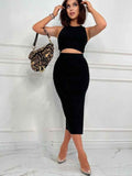 Women's black Metro-Chic elegant two-piece outfit set by Stylish 3Sixty5, featuring a stylish and sophisticated look for women.