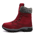Women's winter outdoor snow boots by Mead's Supply & Equipment Outfitters, pink-red footwear for hiking and skiing in snow.