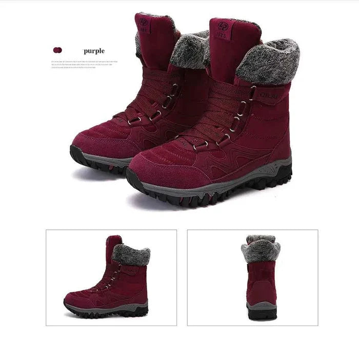 Rose-red women's winter outdoor snow boots by Mead's Supply & Equipment Outfitters for hiking and skiing, with insulated waterproof design.